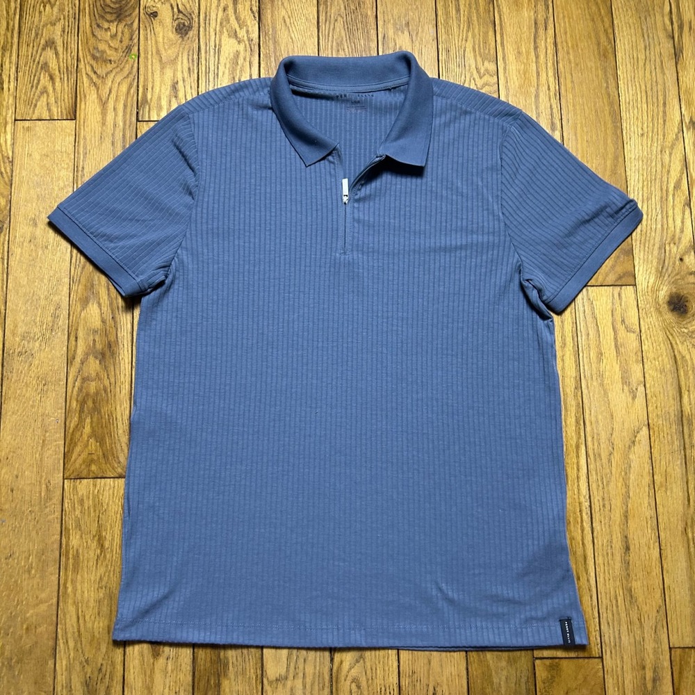 Perry Ellis Mens Ribbed Quarter Zip Polo Shirt Blue Short Sleeve Large